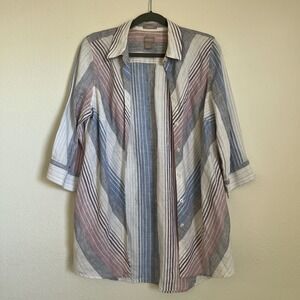 Chico's 100% Linen Striped Button Up Shirt Size 1 (M/L) Coastal Preppy Summer